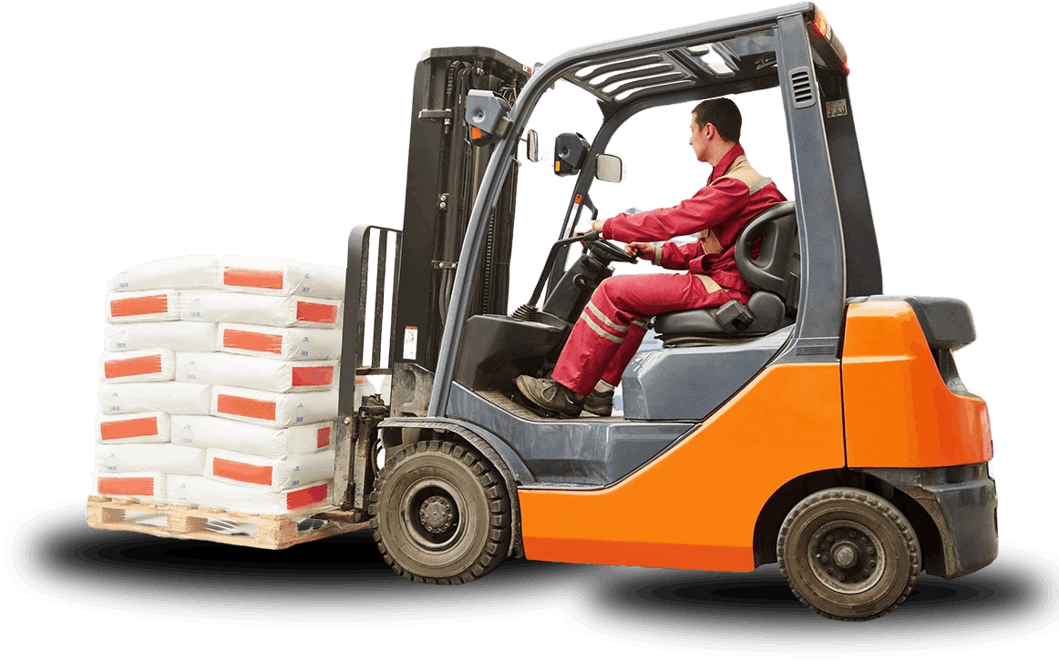 A man driving an orange and white forklift.