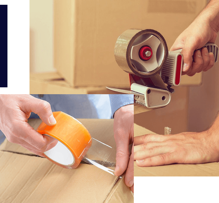 A person is taping up boxes with tape.